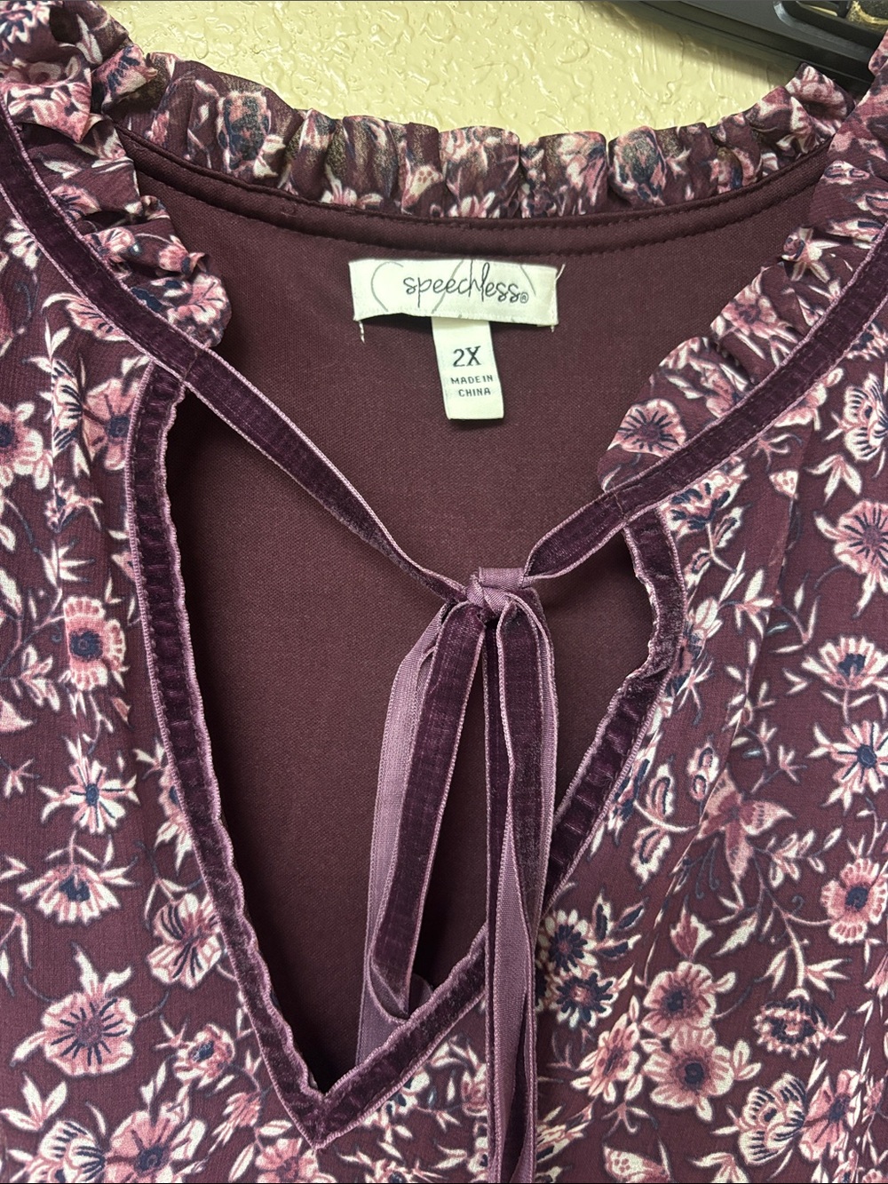 Speechless Plum Floral Tie-Neck Long Sleeve Dress - Picture 5 of 6
